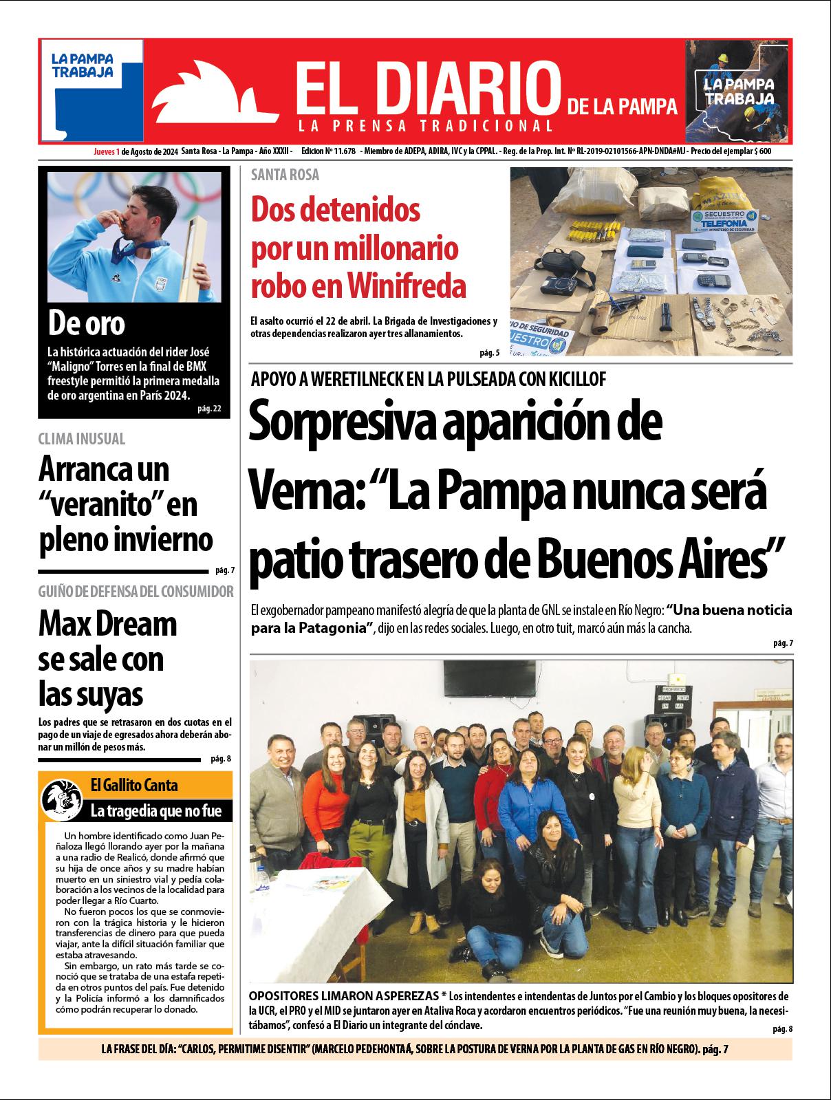 Tapa de El Diario en papel  jueves 01 de agosto de 2024